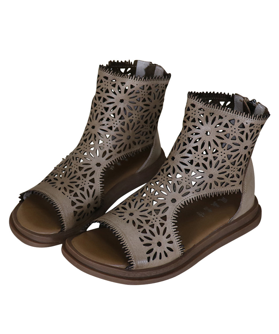 Aiertu  Comfy Hollow Out Peep Toe Splicing Sandals Apricot Cowhide Leather Aiertu
