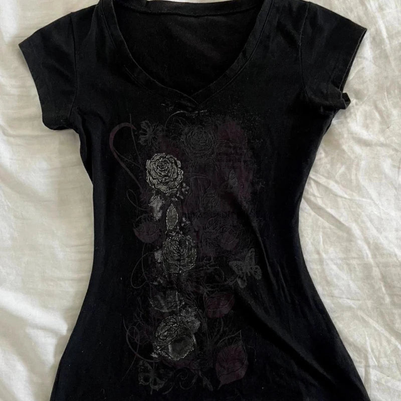 Aiertu  Summer All Match Luxury Flower Print V Neck Short Sleeve Shirt American Popular Vintage Tops Slim Waist Women Y2k Aesthetic Tee Aiertu