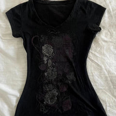Aiertu  Summer All Match Luxury Flower Print V Neck Short Sleeve Shirt American Popular Vintage Tops Slim Waist Women Y2k Aesthetic Tee Aiertu