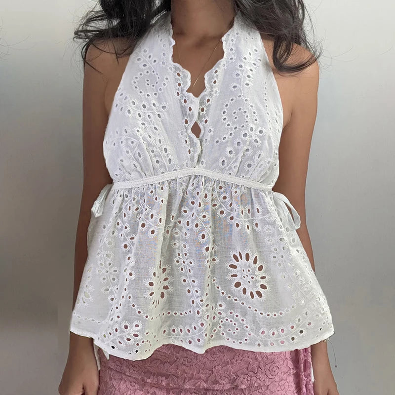 Aiertu  -  Y2K Aesthetics Jacquard Hollow Camis Women Summer Backless Vacation Halter Tops Lace Patchowork Hottie Clothes Trend Aiertu