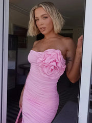 Aiertu  -  Elegant Womens Flower Flower Decoration Pink Dress 2026 Sexy Strapless High Waist Tunics Shirring Slit Mid-calf Evening Dresses Aiertu