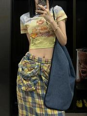 Aiertu  -  Tall Girl Checkered Maxi Long Skirt Women Contrast Straight Loose Big Pockets Cargo Skirt Casual Holiday Retro Clothes Aiertu
