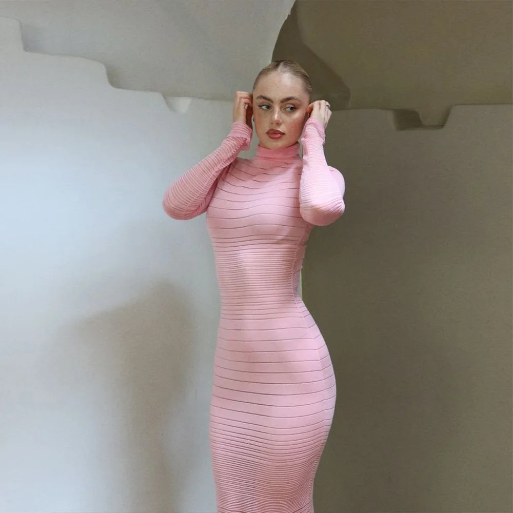 Aiertu  -  2026 Autumn Winter Striped See-through Knitted Long Dress Streetwear Sexy Women's Half High Collar Bodycon Evening Party Dresses Aiertu