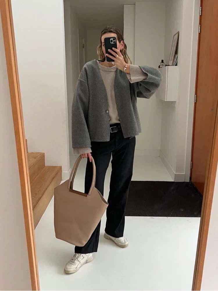 Aiertu  -  Casual Grey Button Fashion V-neck Wool Short Jacket Women's Long Sleeved Cardigan Jackets 2026 Chic Autumn Lady Outerwear Aiertu