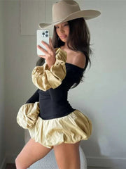 Aiertu      -   Contrast Color Slim Ball Gown Dress Female Long Sleeve Patchwork Elegant Mini Dress Sexy Hot Girl Party Club Clothing New Aiertu