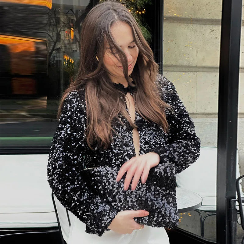 Aiertu  Elegant Sequin Women Cardigan Coat O Neck Hollow Out Bow Tied Shinny Short Top Female Long Sleeve Fashion Highstreet Outerwear Aiertu