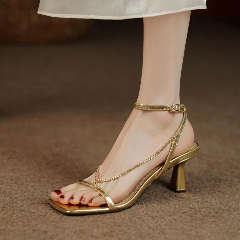 Aiertu  -  Gold Women's Fashion Sandals, Open-toed Stilettos, Open-toed Chain Sandals, Aiertu
