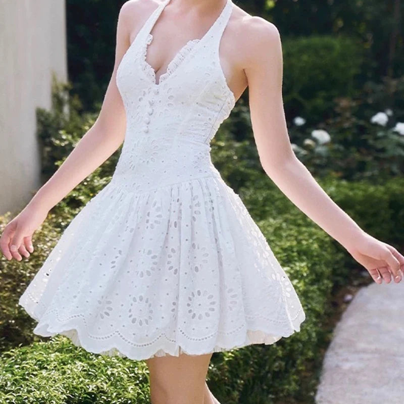 Aiertu  -  Fashion Hollow Out Embroidery White Halter Dress For Women Sexy Backless Low Waist  A-line Mini Summer Dresses French Style Robe Aiertu