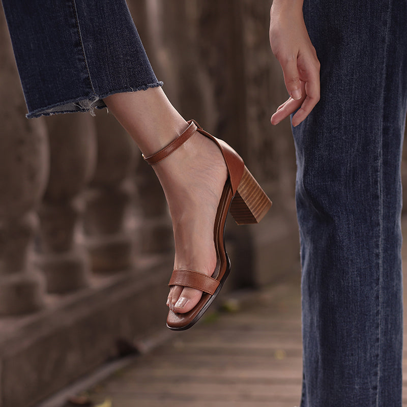 Aiertu  -  Women's genuine leather thick high heel open toe summer ankle strap sandals retro elegant ladies OL style casual female shoes Aiertu