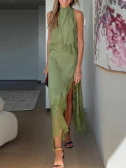 Aiertu  -  Lace Patchwork Tank Top Skirt Set Women Sleeveless Solid Thin Vest Split Midi Skirts Suit 2026 Summer Holiday Street Outfits Aiertu