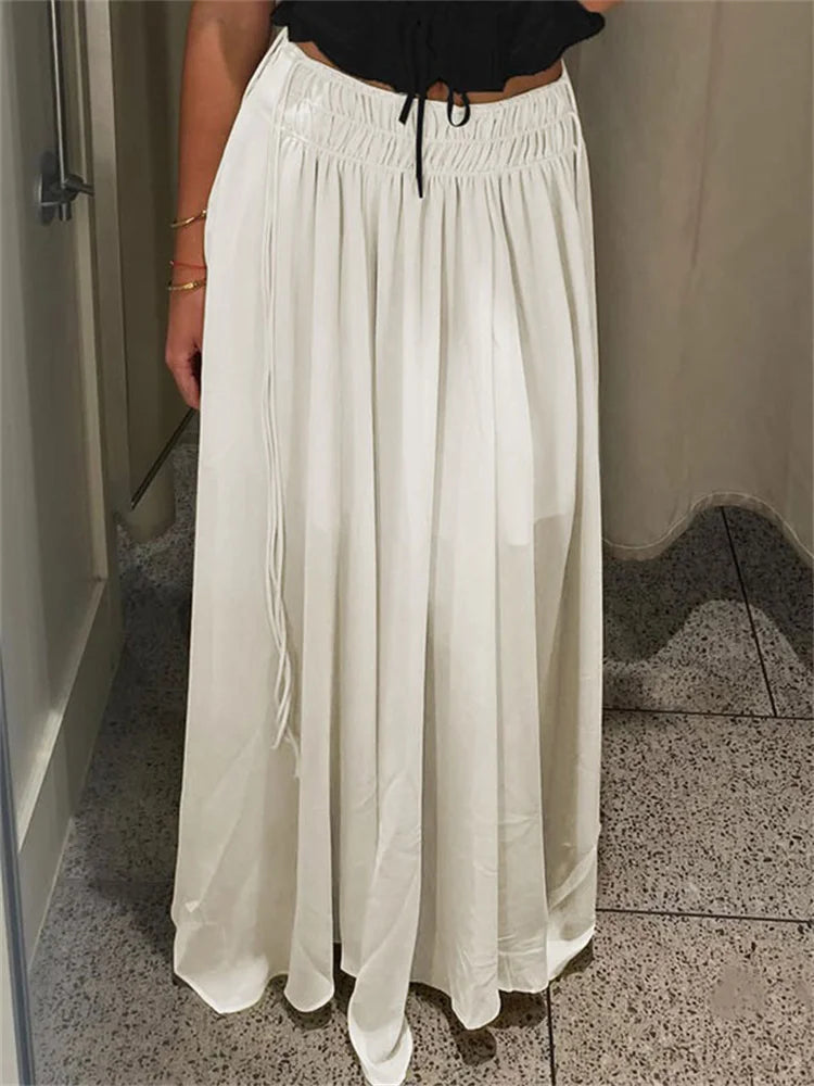 Aiertu  -  Summer Drawstring High Waist Long Skirt For Women Pleated Casual Patchwork Lace-Up See-Through Female Chiffon Maxi Skirt Aiertu