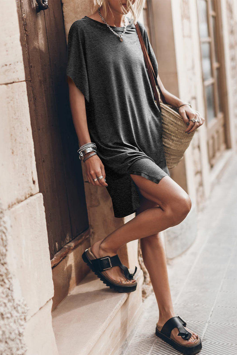 Aiertu  -  Casual Simplicity Solid Slit O Neck Short Sleeve Dress Dresses Aiertu