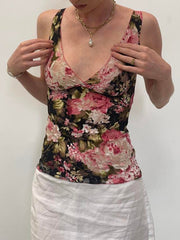 Aiertu - summer inspo Hot French Romantic Colorful Floral Print Lace Vest Sleeveless V Neck Slim Elegant Sexy Summer Vacation Boho Tank Top Women Aiertu