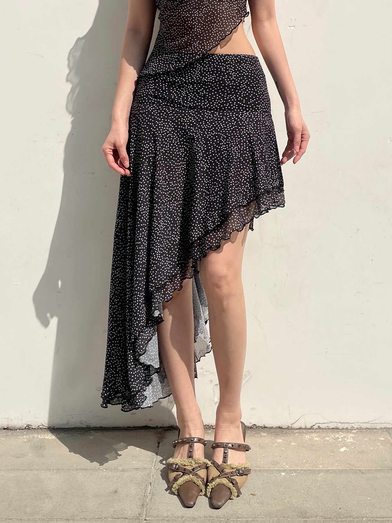 Aiertu  -  Vintage Polka Dot Print Midi Skirt Elegant Retro Low Rise Loose Irregular Skirts for Women Y2k Aesthetic Clothing Summer Aiertu