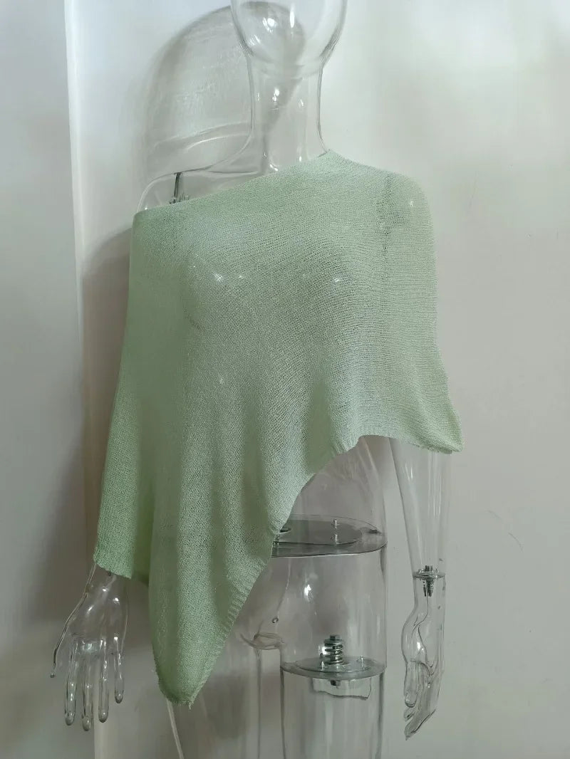 Aiertu  -  Thin See Through Irregular Knit Cover Ups Crop Tops Women Sexy Inclined Shoulder Summer Holiday Beach Smock Pullover Shawl Tees Aiertu