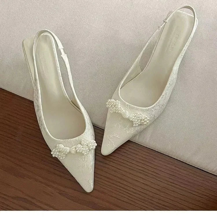 Aiertu  -  Chinese White Pearl High Heel Sandals Women Spring and Summer Jacquard Satin Pointed After Empty Sandals Spring New Aiertu