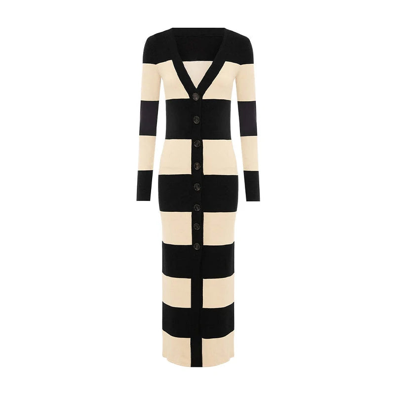 Aiertu  -  Knitted Striped Tube Tops Long Dress Long Jacket Women Set Backless Robe Long Sleeved Single Breasted Jacket Spring Summer Suit Aiertu
