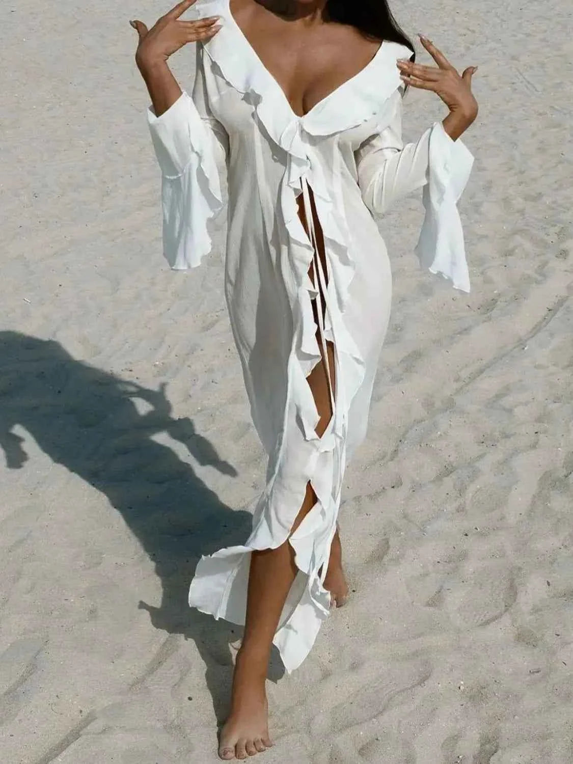 Aiertu  Ruffled Long Sleeve Cover-Up Dress Aiertu