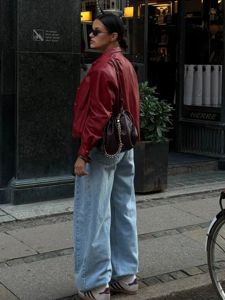 Aiertu  -  Women Vintage Wine Red Single Breasted Leather Jacket Elegant Lapel Long Sleeve Loose Short Coat Autumn Chic Lady Street Outwear Aiertu