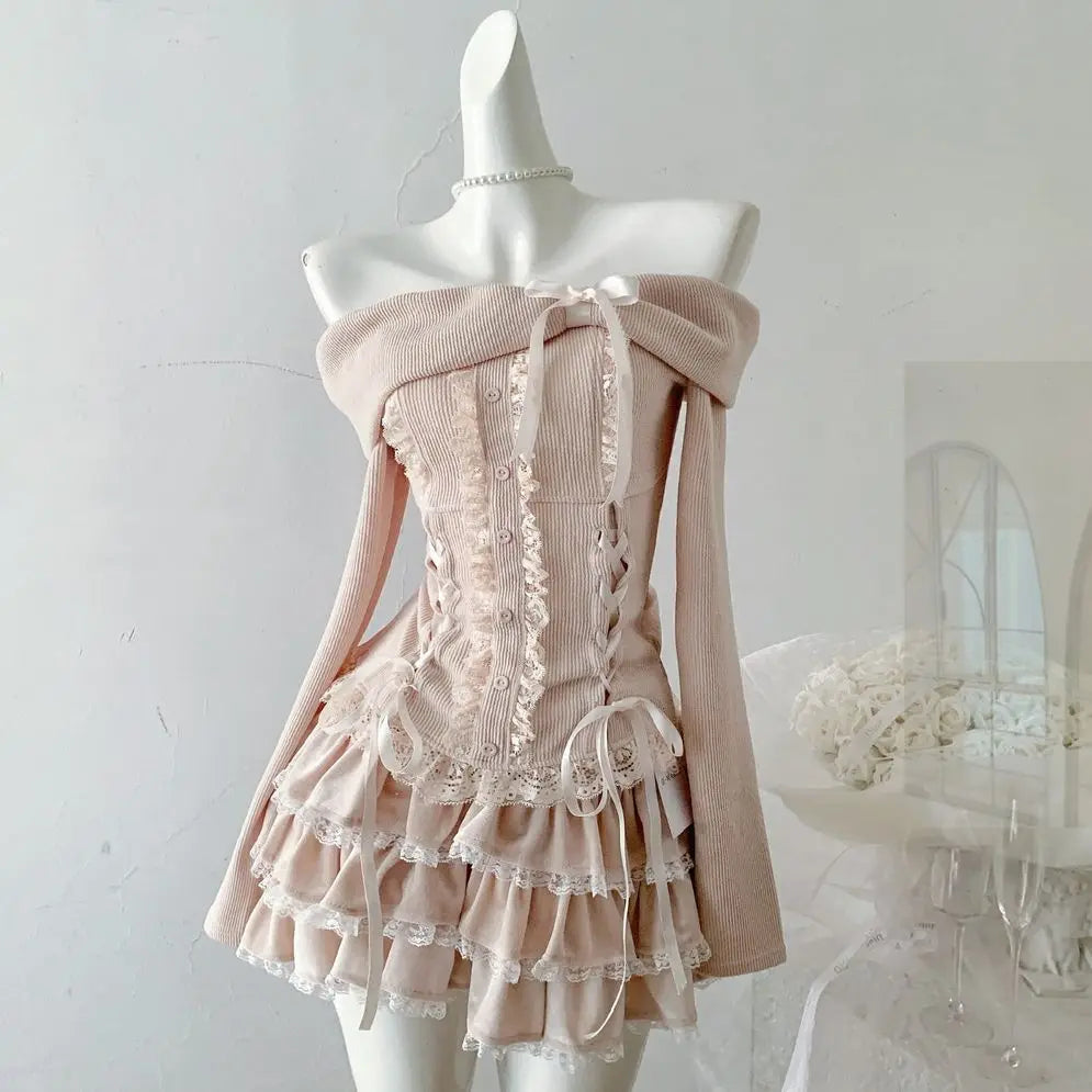 Aiertu  -  Sweet Korean High Street Draped Slash Neck Spliced Lace Design Women Jumpers American Moda Tiered Skirts Y2k 2000s 2 Piece Sets Aiertu