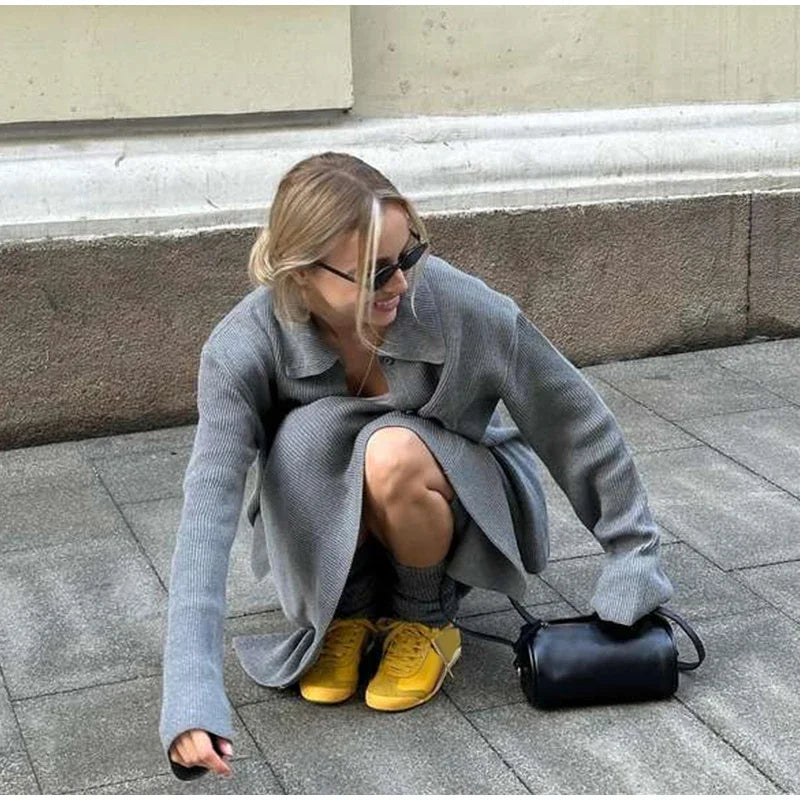 Aiertu  -  Casual Knit Cardigans Skirts Set Women Loose Lapel Single Breasted Coats High Waist Skirt 2026 Autumn New Lady Fashion Outfits Aiertu