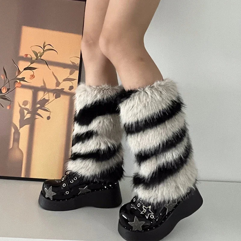 Aiertu  -  Zebra Leg warmer Y2k Artificial Fur stripe Socks Japanese Lolita Leg warmer Women Faux Fur Shoes Cuffs Cover Socks Streetwear Aiertu