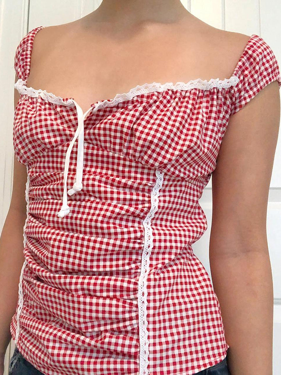 Aiertu  -  Women Y2k Gingham Tank Top Sleeveless Coquette Aesthetic Plaid Print Cami Crop Top Summer Fairycore Grunge Top Streetwear Aiertu