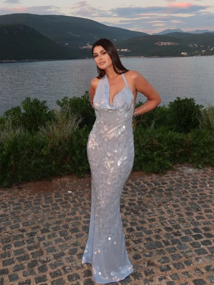 Aiertu     -  Fall Outfits 2026 Sexy Sparkling Sequins Evening Dresses Women Backless Halter Lace Up Sleeveless Bodycon Dress Lady Wedding Prom Party Vestidos Aiertu