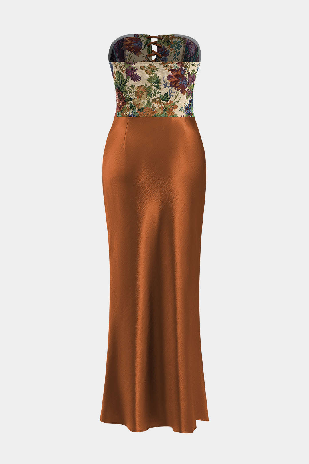 Aiertu  -  Satin Embroidery Ruched Drawstring Strapless Maxi Dress Aiertu
