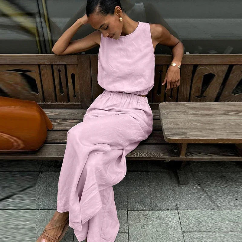 Aiertu  -  Elegant Solid Vest Pants Set Women O-neck Sleeveless Tops High Waist Side Split Trousers 2026 Summer Fashion Lady Office Outfit Aiertu