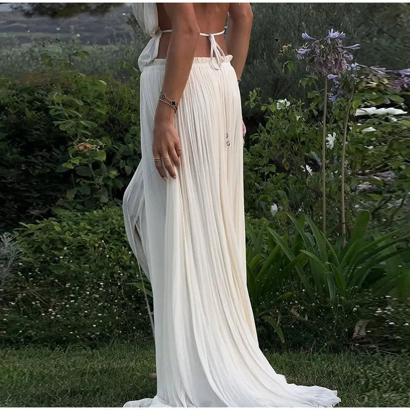 Aiertu  -  Fashion Pleated Long Skirts Set Women Sexy Sleeveless Backless Halter Tops High Waist Mermaid Skirt Vacation Beach 2 Pieces Sets Aiertu