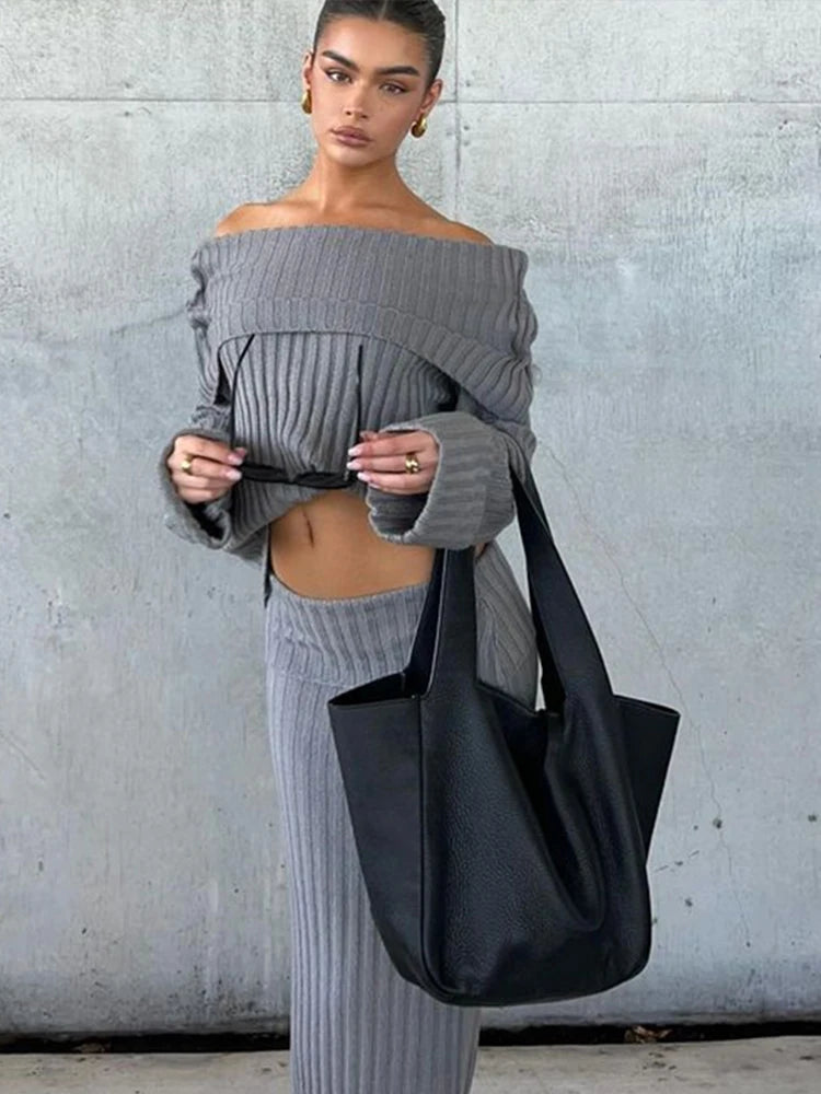 Aiertu  -  Women Off Shoulder Knitting Sweater Two Piece Set Sexy Top Slim Wrap Hip Midi Vest Dress Autumn Winter Skirts Suit Fashion 2026 Aiertu