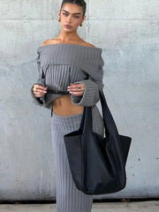 Aiertu  -  Women Off Shoulder Knitting Sweater Two Piece Set Sexy Top Slim Wrap Hip Midi Vest Dress Autumn Winter Skirts Suit Fashion 2026 Aiertu