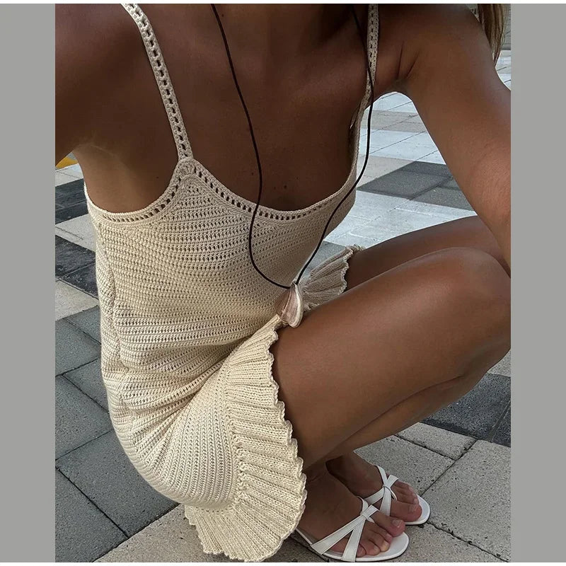 Aiertu  -  Ruffle Hollow Out Short Beach Dress Women Knitted Sleeveless Backless A-line Sling Dresses 2025 Summer Vacation Swimsuit Vestido Aiertu
