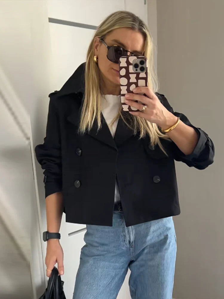 Aiertu  -  Fashion Denim Lapel Short Jacket For Women Chic Double Breasted Cropped Jackets Female 2025 Spring New Long Sleeve Street Tops Aiertu
