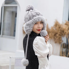 Aiertu  -  Winter Furry Knitted Hat for Women Girls Rabbit Fur Pompom Woolen Beanies Plush Thick Ear Protection Cap Windproof Skiing Bonnet Aiertu