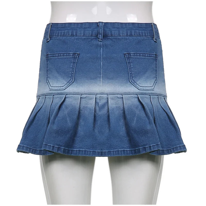 Aiertu  -  Fashion Denim Pleated Skirt Women High Waist Button Zipper Pocket Ruffle A-line Mini Skirts Female 2025 Spring Summer Lady Skirt Aiertu
