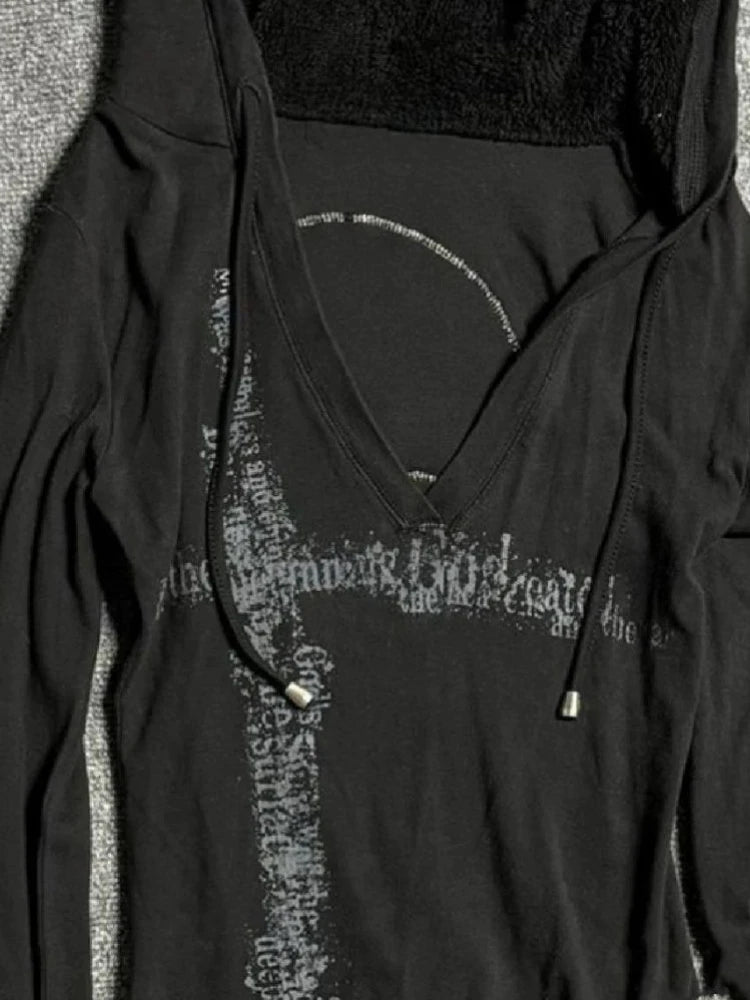 Aiertu  -  Y2k Aesthetic Fur Patchwork Long Sleeve T-shirt Women Gothic Punk Hooded Drawstring Tshirts Grunge Print Slim Fit Vintage Tees Aiertu