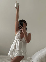 Aiertu  Lace Home Clothes Women Sexy V-Neck Sleepwear Tank Tops Nightgown Backless Nightie Shorts Causal Ladies Nightwear Set Aiertu