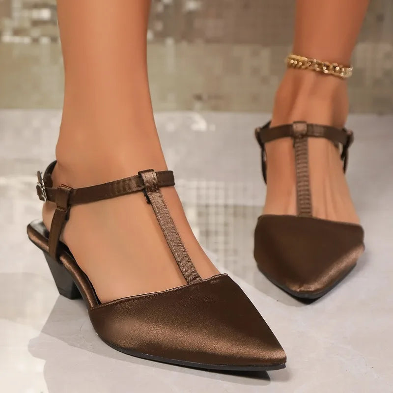 Aiertu  -  Satin pointed cone heel trip with high heels female 2024 new temperament hundred hundred package head sandals low heel 4cm Aiertu