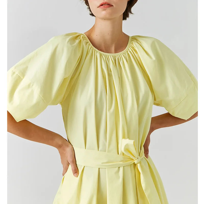 Aiertu  -  Elegant Style 100% Cotton Midi Dress with Belt  Loose Waist Pleated Soild Elastic O-Neck Summer Dresses A-Line Lace-up Lady Robe Aiertu