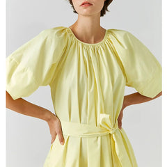 Aiertu  -  Elegant Style 100% Cotton Midi Dress with Belt  Loose Waist Pleated Soild Elastic O-Neck Summer Dresses A-Line Lace-up Lady Robe Aiertu
