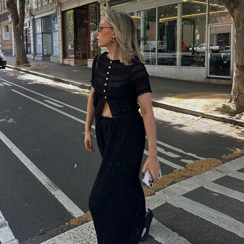 Aiertu  -  Elegant 2 Pieces Suit Women O-neck Short Sleeve Single Breasted Shirt Pleated Long Skirt Female Set 2025 Spring Summer Lady Sets Aiertu