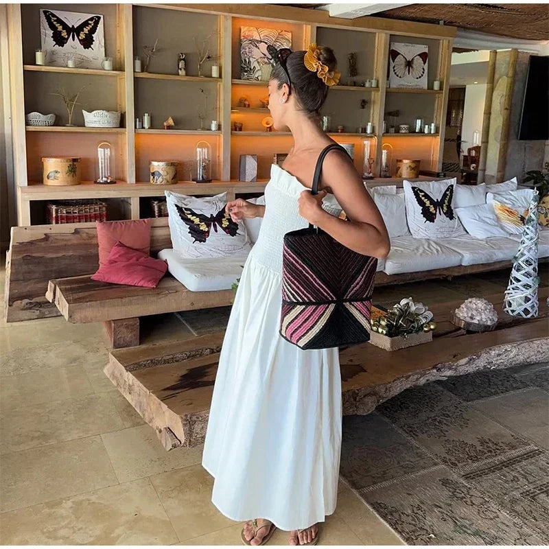 Aiertu  -  Casual Strapless Long Dress Women Pleated Sleeveless Backless Elastic Waist Female A Line Dresses 2025 Lady Solid Vacation Robes Aiertu