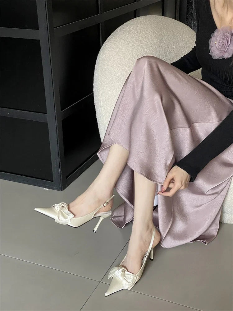 Aiertu  -  High Quality Butterfly-knot Stiletto Heels Women Pumps Fashion Satin Pointed Toe Buckle Strap Stripper Party Shoes Aiertu