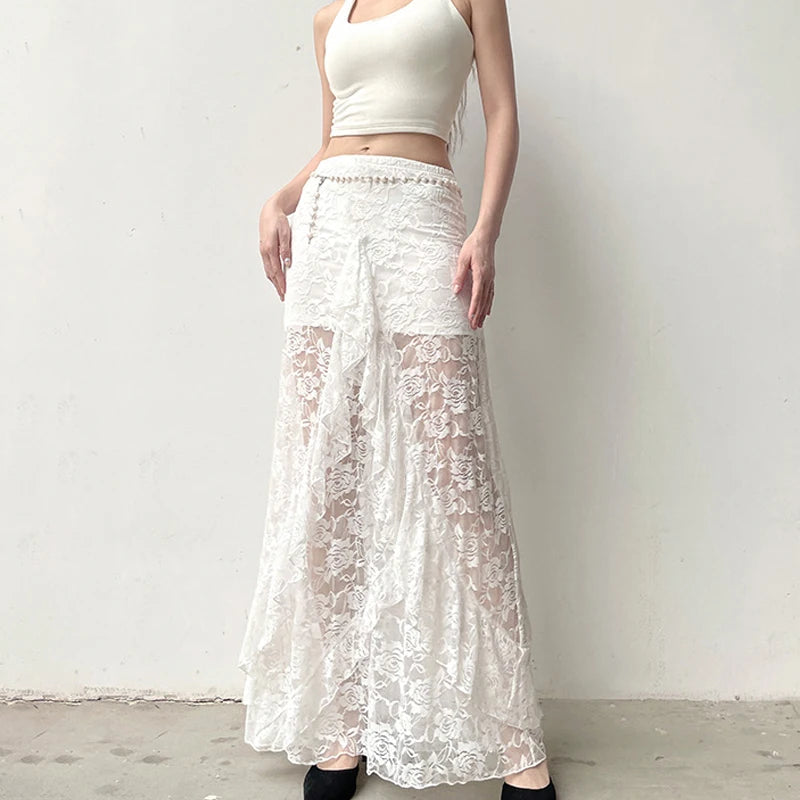 Aiertu  -  Fashion Irregular Lace See Through Long Skirt For Women Rose Jacquard Tassel Patchwork High Waisted Skirt Female Summer Aiertu