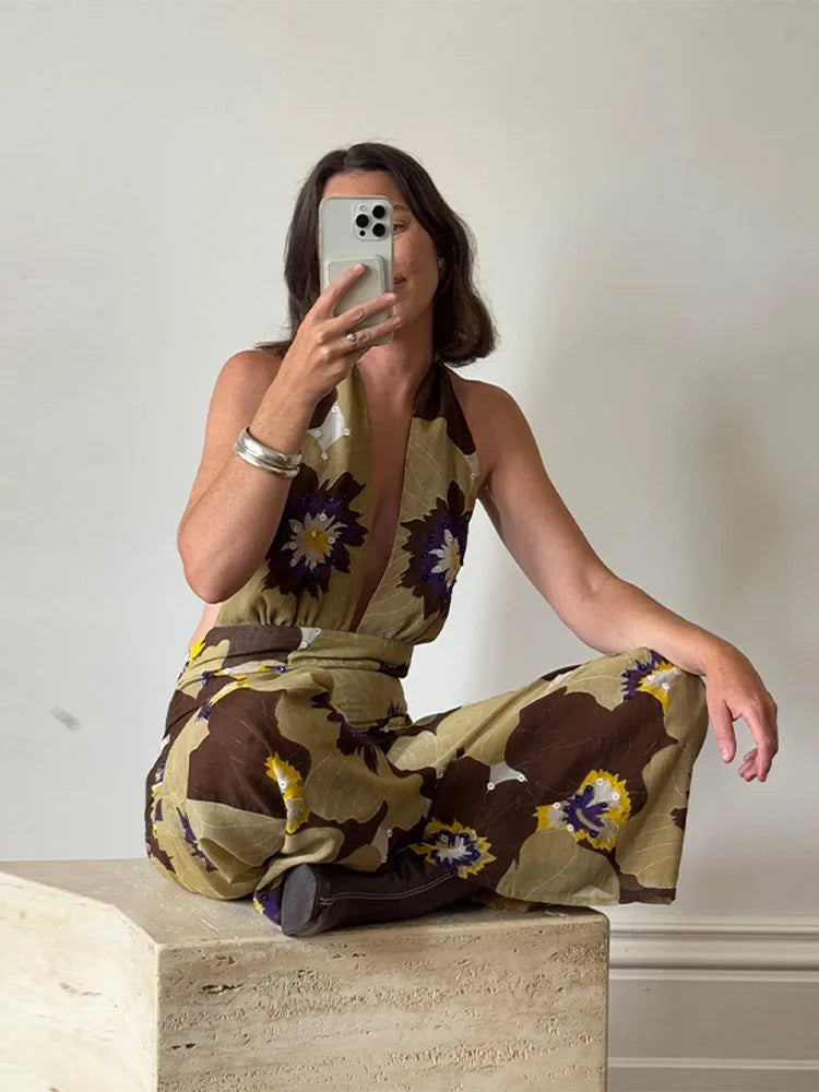 Aiertu  -  Printed Sequins Backless Halter Jumpsuits Women High Waist Deep V-neck Wide Leg Straight Jumpsuit Commute Holdiay Lady Romper Aiertu