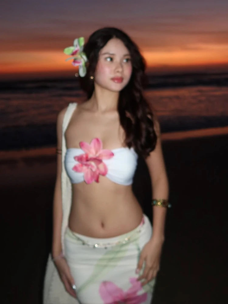 Aiertu  -  Vacation Pretty Women Two-Piece Set 3d Flowers Bandeau Mini Top+See Through Print Bottoms Beach Party Matching Suits Aiertu