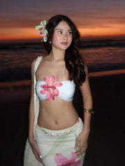 Aiertu  -  Vacation Pretty Women Two-Piece Set 3d Flowers Bandeau Mini Top+See Through Print Bottoms Beach Party Matching Suits Aiertu