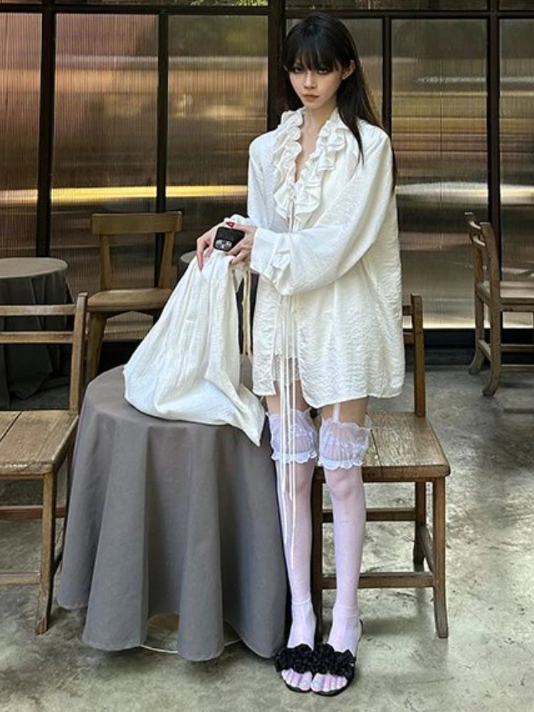 Aiertu  -  V Neck Ruffled Streetwear Oversized Women Sexy Bandage Solid Vintage Blouse Harajuku Tops Y2k Aesthetic Pleated Autumn Shirt Aiertu